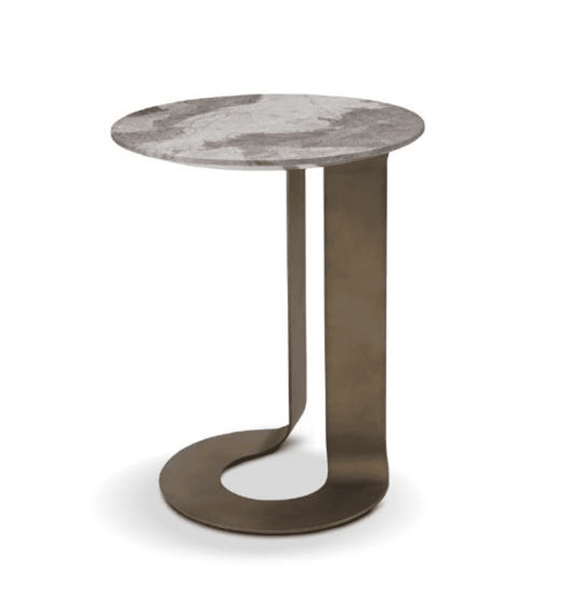 The image displays a contemporary C-shaped accent table featuring a round, natural marble top with varied grey and brown veining. Its base is constructed from a single piece of dark, brushed metallic material, likely steel or brass with a bronze finish, elegantly curved into a 'C' shape, providing a slim profile designed to slide under a sofa or chair. The table is presented on a white background, highlighting its sleek design and clean lines. — 3D model