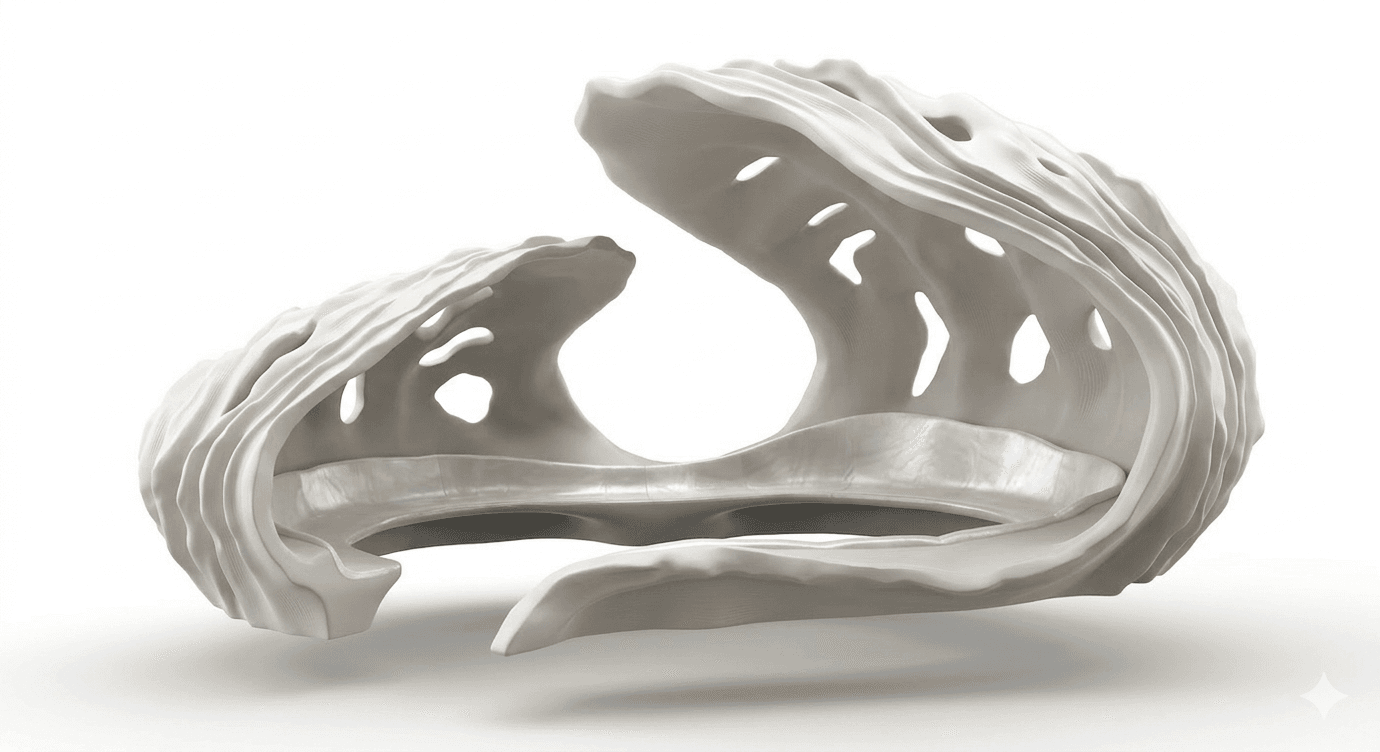A contemporary bench with a fluid, organic design. The structure appears to be molded or sculpted, featuring undulating curves and open voids. The primary material has a matte, bone-white finish, while the seating surface exhibits a pearlescent sheen, suggesting a different inlaid material or finish. The overall form is abstract and sculptural, resembling a natural element like a wave or a shell. — 3D model
