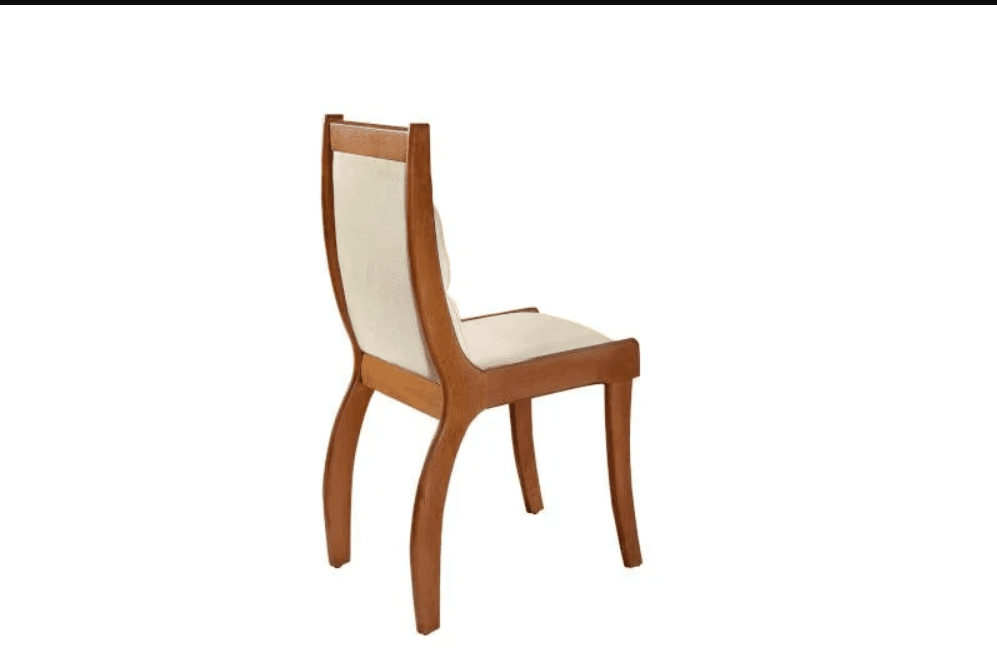 An upholstered dining chair featuring a light-toned wooden frame and cream-colored fabric on the seat and backrest. The back legs exhibit a gentle curve, and the backrest is slightly reclined for comfort. — 3D model