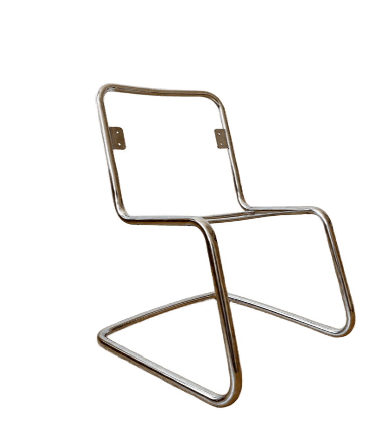 A polished chrome-plated tubular steel frame designed for a cantilever chair. It features a continuous, bent metal structure forming the base, seat support, and backrest support, with small mounting plates visible for attaching the seat and backrest components. — 3D model