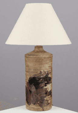 A table lamp featuring a cylindrical ceramic base with an abstract, earthy, and organic glazed patte… — 3D model