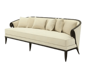 A three-seater sofa featuring an exposed dark wood frame, scrolled arms, and tapered legs, upholstered in a light cream-colored fabric. — 3D model