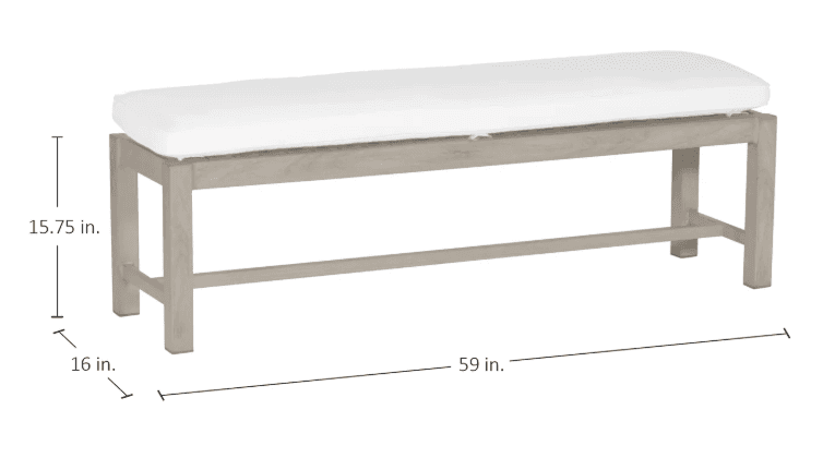 A modern wooden bench with a thick, cushioned white seat. The bench features a simple, rectangular frame constructed from light gray wooden planks. The legs are straight and the seat is slightly curved at the edges. A narrow support beam runs horizontally between the front and back legs on both sides, enhancing stability. — 3D model