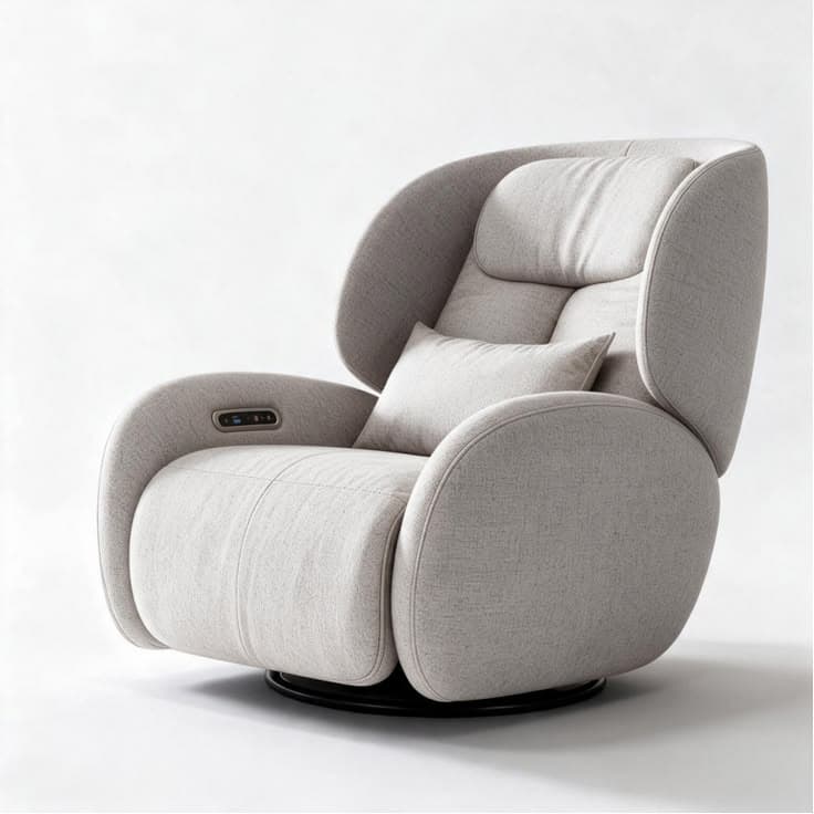 A contemporary, light gray upholstered recliner chair with a swivel base and integrated control panel. The chair features plush cushioning, a padded headrest, and an included lumbar support pillow. Its design is sleek and minimalist, with rounded edges and a fully upholstered body concealing the reclining mechanism. — 3D model