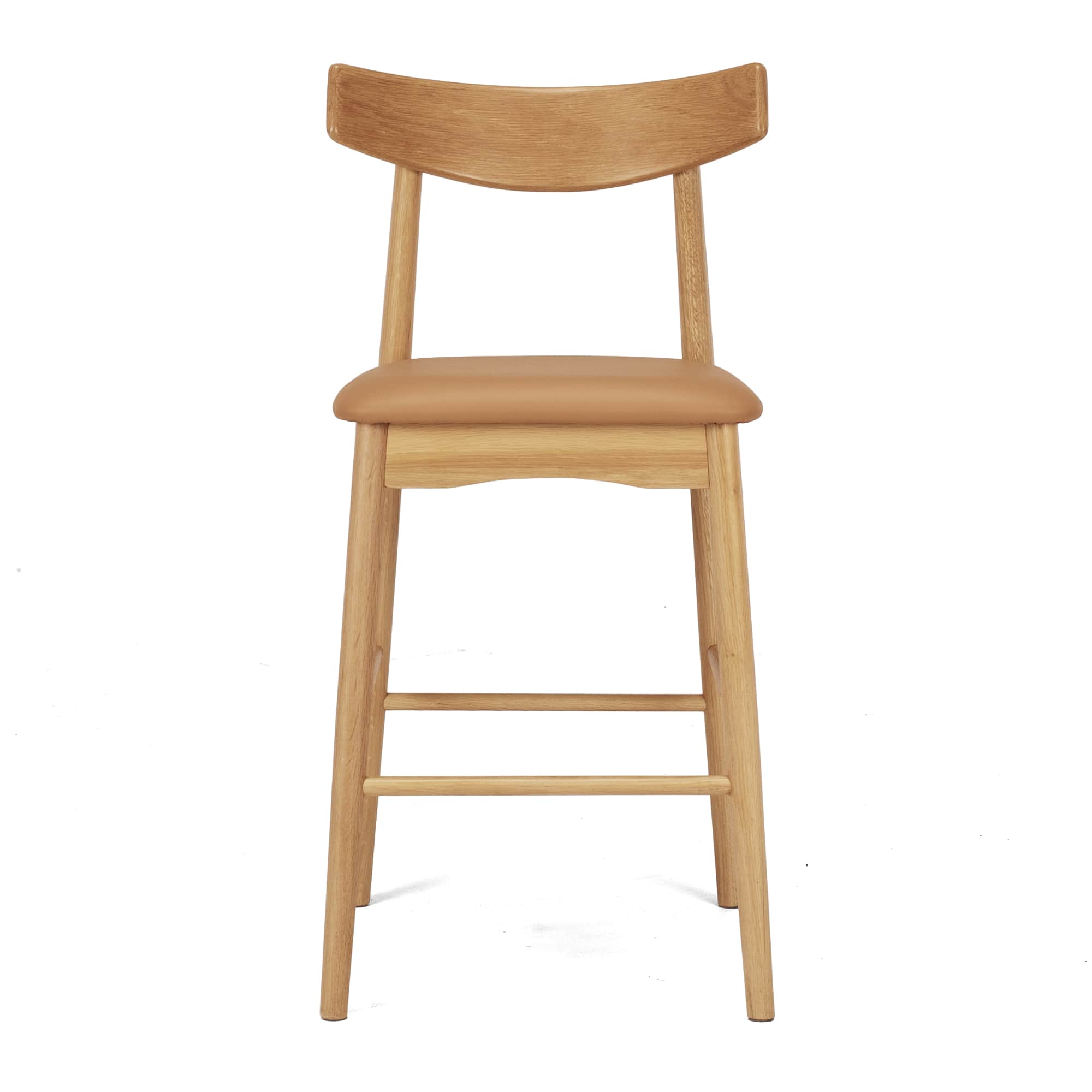 A modern bar stool featuring a light oak wood frame, a gently curved backrest, and a tan leatherette… — 3D model