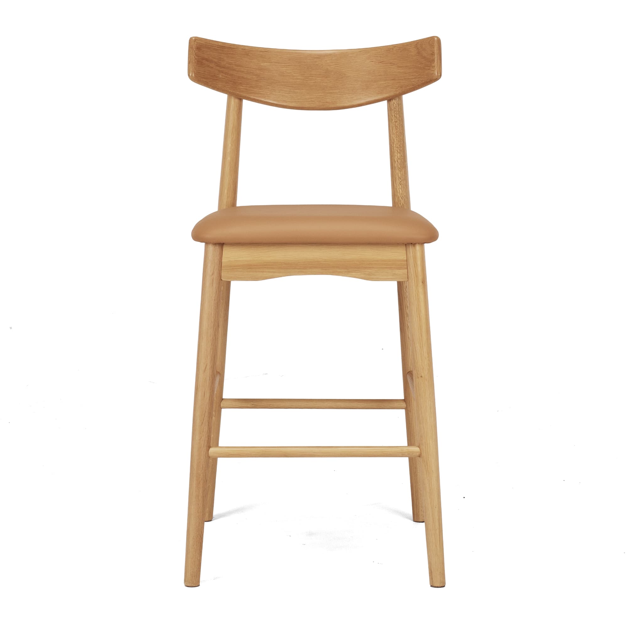 A modern bar stool featuring a light oak wood frame, a gently curved backrest, and a tan leatherette padded seat. It is designed with integrated footrests and straight, round tapered legs. — 3D model