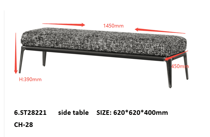 A modern upholstered bench featuring a rectangular, padded seat covered in a textured grey and black fabric. The bench is supported by a minimalist, dark-finished metal frame with sleek, tapered legs. Its design emphasizes clean lines and a contemporary aesthetic. — 3D model