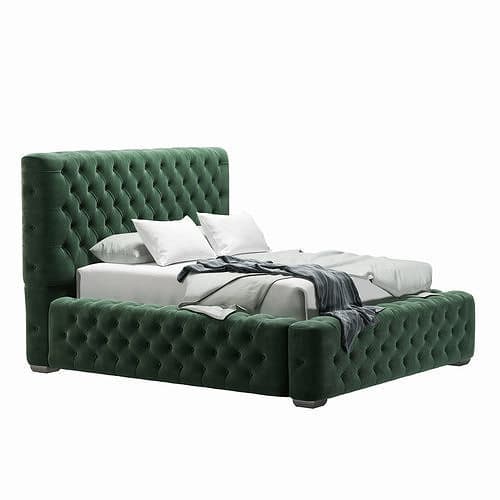A tufted upholstered bed frame with a high headboard and a matching footboard. The upholstery features deep button tufting across the entire surface of the headboard and the side rails and footboard. The bed is dressed with white bedding and a dark grey throw blanket. — 3D model