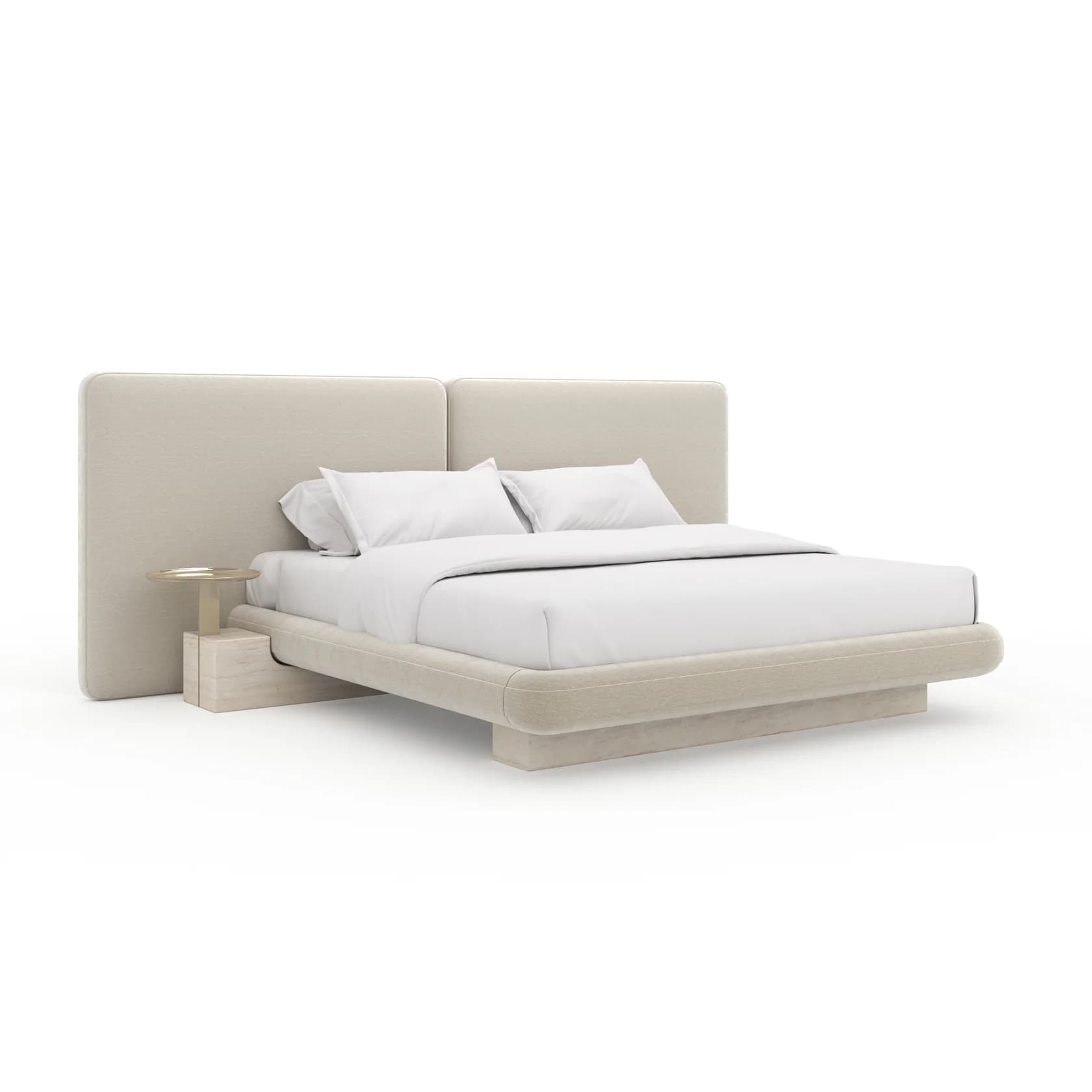 A modern platform bed with a low profile and rounded edges. The bed frame appears to be upholstered in a light-colored fabric, possibly cream or beige. It features a slightly recessed base, creating a floating effect. A minimalist nightstand with a metallic, possibly brushed aluminum, top and a light wood drawer is attached to the left side of the bed. The bed is dressed with white linens and two pillows. — 3D model