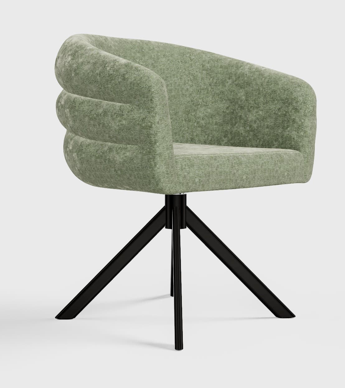 A modern accent chair with a rounded back and seat upholstered in a textured, light green fabric. The chair features a swivel base with three angled, black metal legs. The backrest has a subtle, ribbed design detail. — 3D model