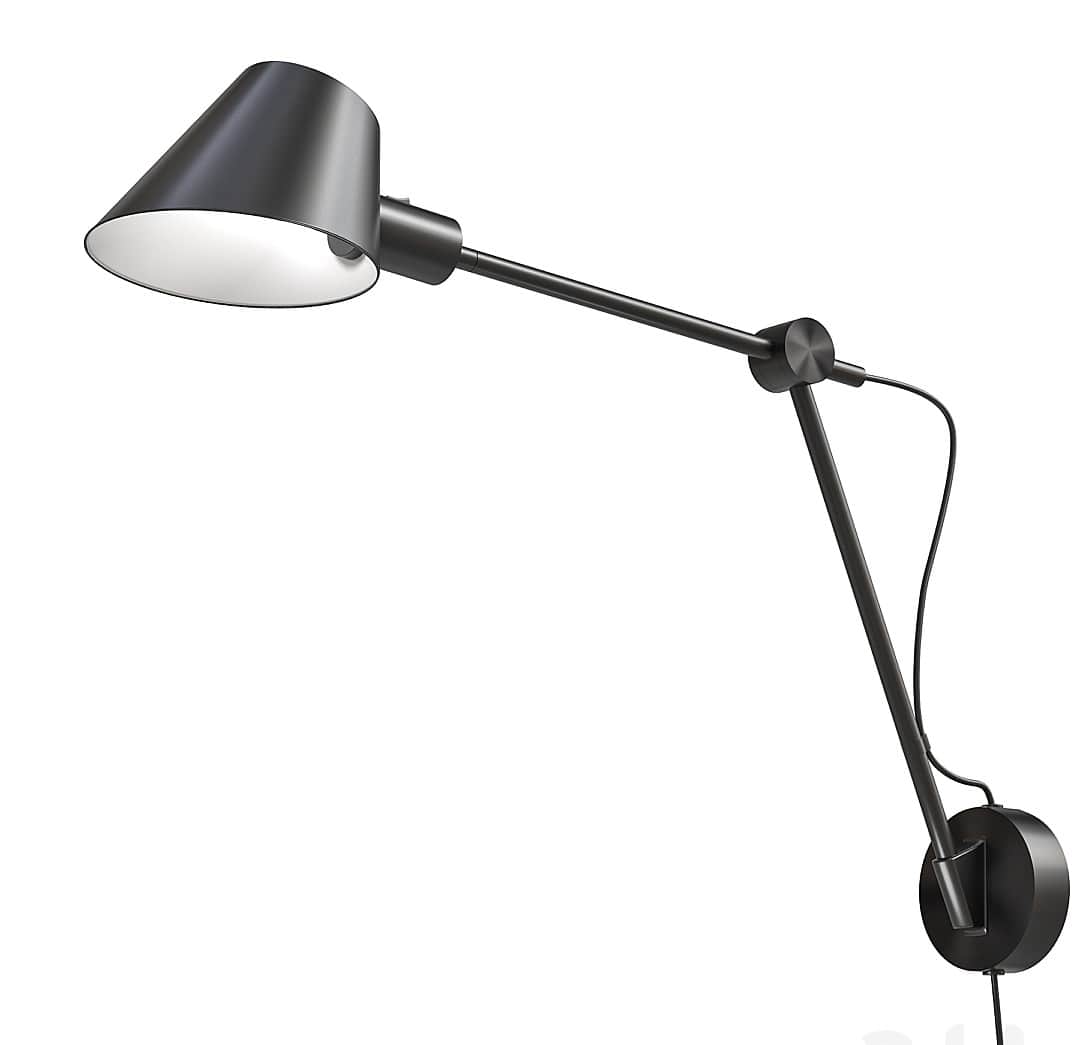 A modern wall-mounted lamp featuring an adjustable swing arm, a conical shade with a white interior,… — 3D model