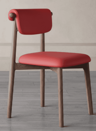 A side chair with a wooden frame and red upholstered seat and backrest. The chair features a gently curved backrest supported by two vertical wooden posts. The seat is also upholstered in red. The legs are made of wood and are slightly tapered. — 3D model