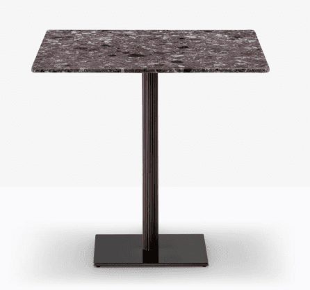 A square-top table with a single pedestal base. The top is a speckled, reddish-brown material, likel… — free STL 3D model