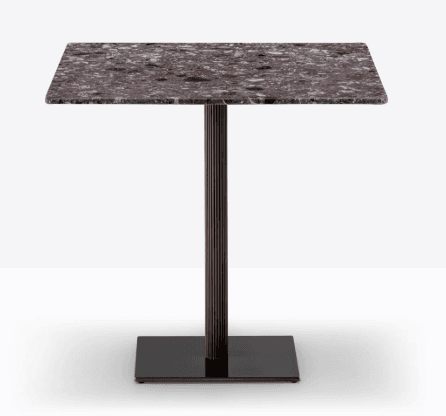 A square-top table with a single pedestal base. The top is a speckled, reddish-brown material, likely terrazzo or a composite stone. The pedestal is a fluted cylinder with a dark finish, and it connects to a flat, square base plate of the same dark material. — 3D model