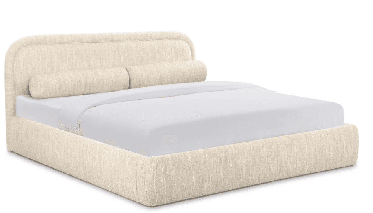 A contemporary, fully upholstered platform bed featuring a gently curved headboard and integrated cy… — 3D model