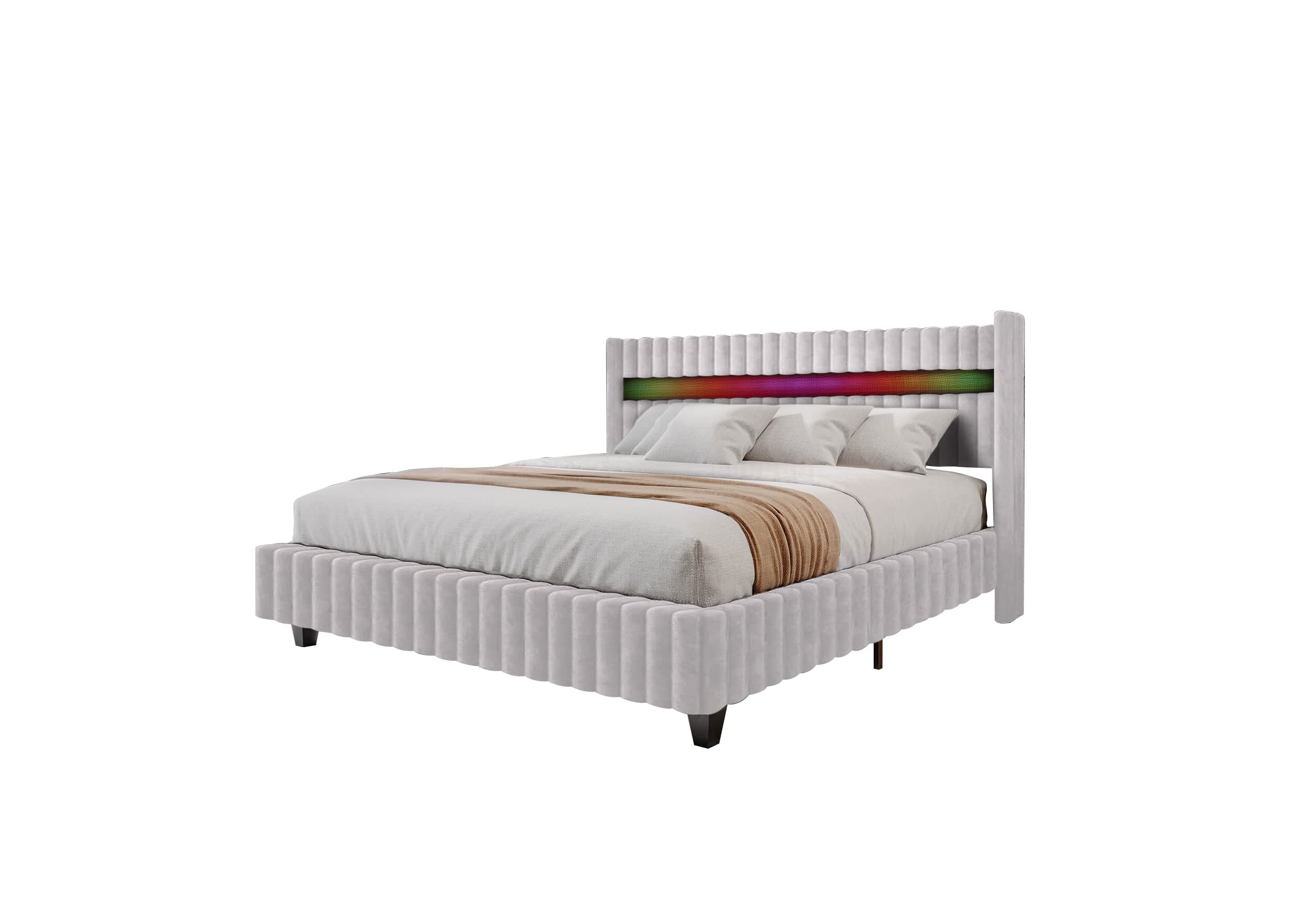 A modern bed frame with a channel-tufted headboard and footboard. The headboard features an integrated LED light strip that displays a gradient of colors from green to purple. The bed is upholstered in a light-colored fabric and supported by short, dark legs. — 3D model