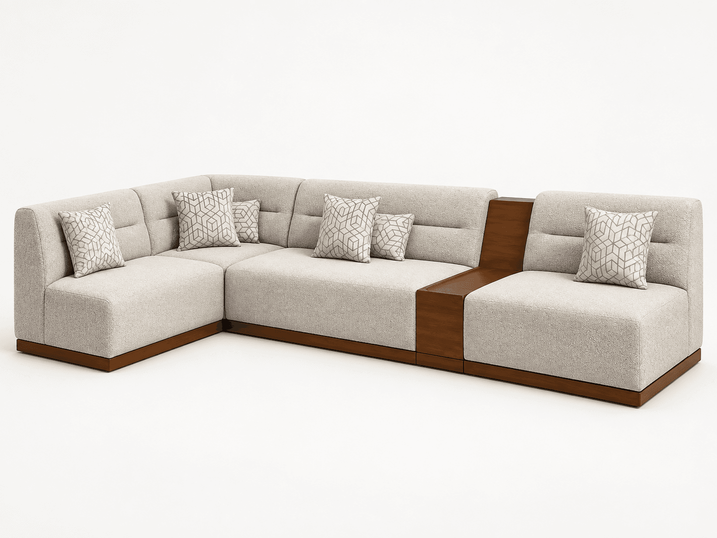 An L-shaped modular sectional sofa featuring light-colored, textured fabric upholstery and a prominent dark wood base. The sofa includes an integrated wooden console table between two seating modules, offering a practical surface. The backrests exhibit subtle button-tufted detailing, and the piece is accessorized with several throw pillows adorned with a grey geometric pattern. — 3D model