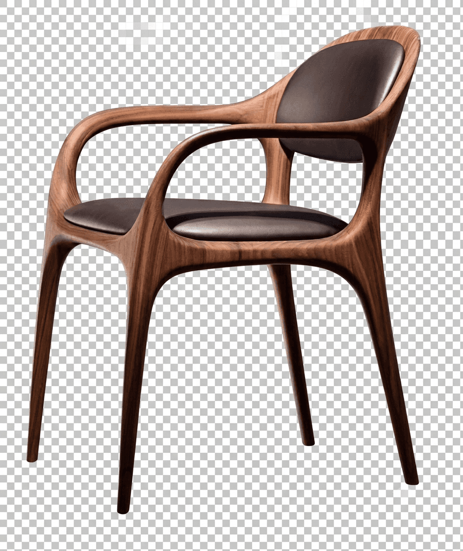 A modern armchair featuring a dark, sculpted walnut wood frame with integrated armrests and curved back, complemented by dark, presumably leather, upholstered seat and back pads. — 3D model