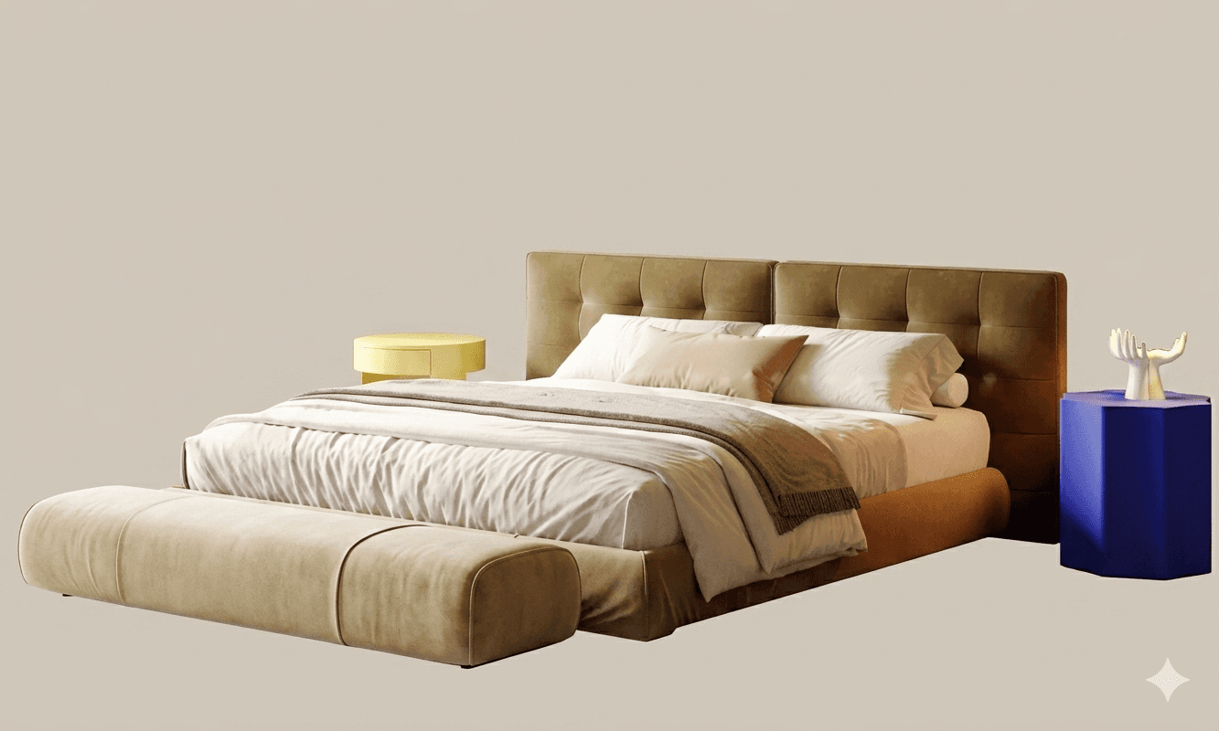 A contemporary upholstered bed with a tufted headboard and a matching foot-end bench. The bed frame… — free OBJ 3D model