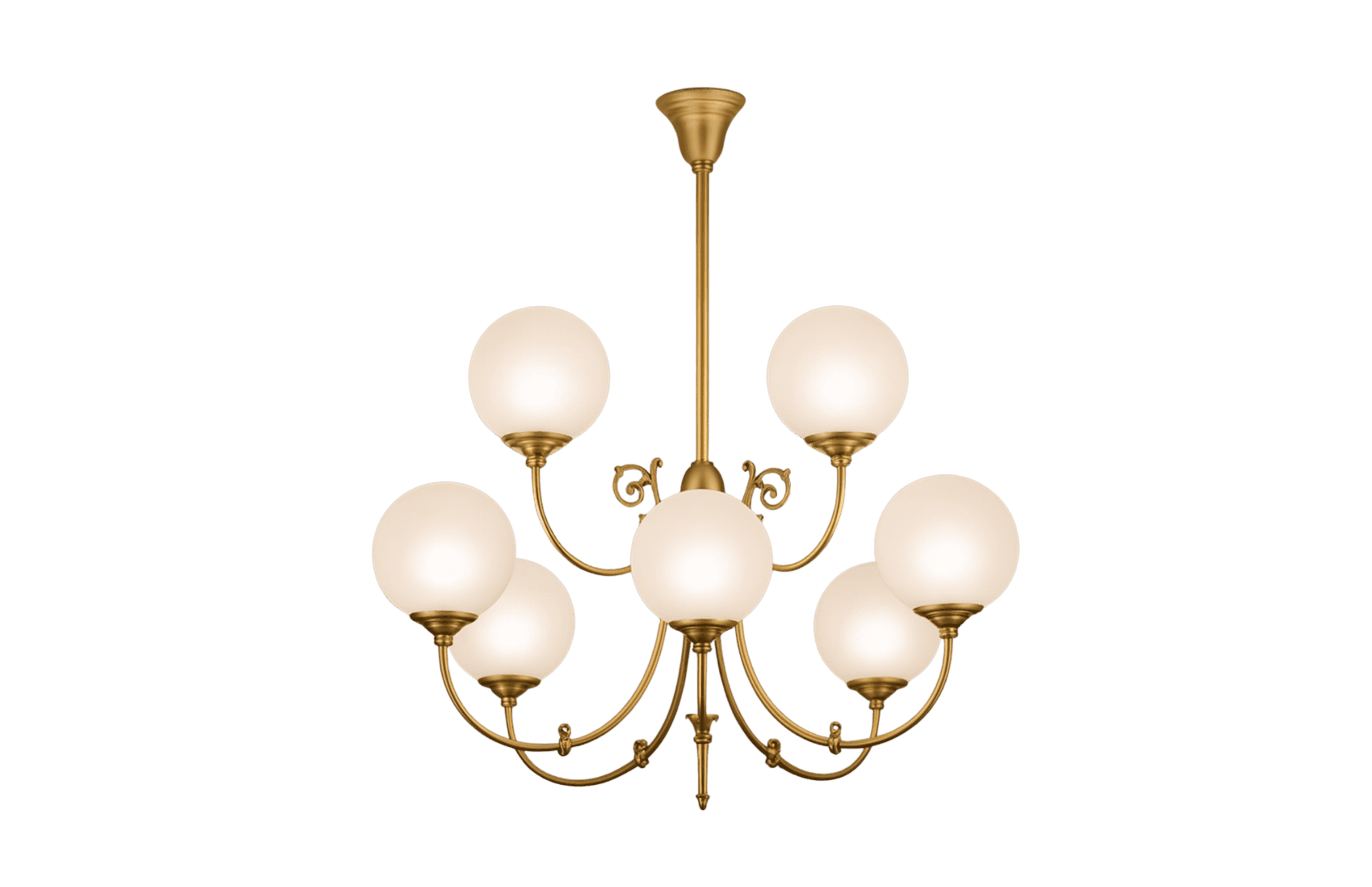 A brass chandelier with seven frosted glass globe shades. The central stem is suspended from a decor… — 3D model