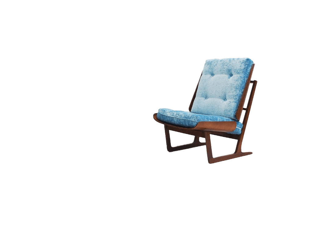 A mid-century modern style lounge chair with a wooden frame and upholstered cushions. The frame features a distinctive geometric design with angled legs and curved armrests. The cushions are tufted and covered in a textured, light blue fabric. — 3D model
