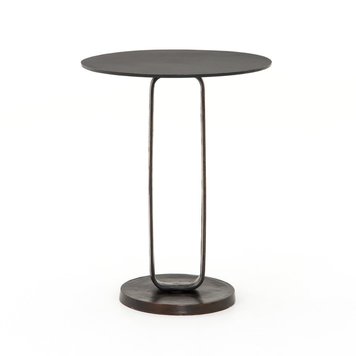 A modern accent table with a circular top and a slender, U-shaped base. The table features a dark, matte finish on both the top and the base, with the legs appearing as thin, curved metal rods. The circular base provides stability. The overall design is minimalist and contemporary. — 3D model