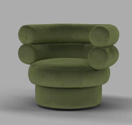 A contemporary armchair with a rounded, sculptural design. It features a thick, circular seat and backrest composed of stacked cylindrical cushions, creating a plush and inviting aesthetic. The armrests are integrated into the backrest structure, formed by additional cylindrical elements extending outwards. The base is a wide, cylindrical pedestal, also upholstered in the same fabric. — 3D model