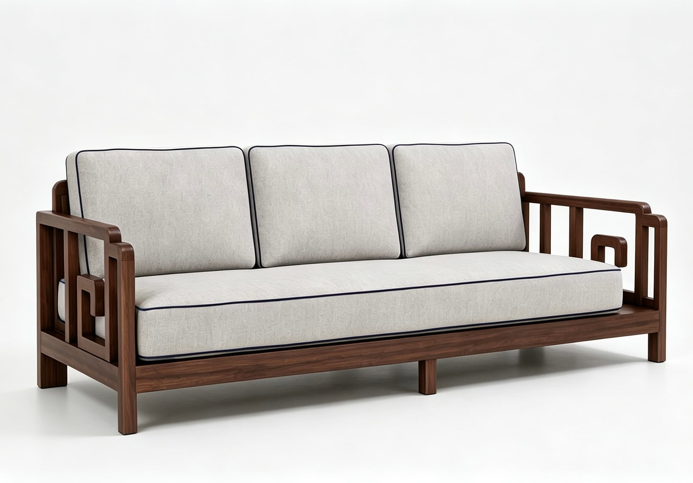 A three-seater sofa featuring a dark wooden frame with distinctive open geometric designs on the armrests and sides. It is upholstered with three light gray fabric back cushions and one long seat cushion, all accented with dark blue piping. The sofa has a clean, modern aesthetic with a nod to traditional or architectural patterns. — 3D model