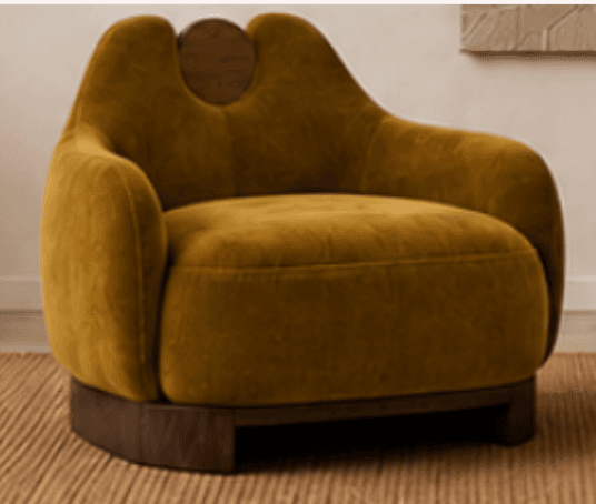 A modern, plush lounge chair with a distinctive sculptural form, upholstered in olive green velvet, featuring a unique cutout backrest with a dark wood insert and supported by a recessed dark wood base. — 3D model