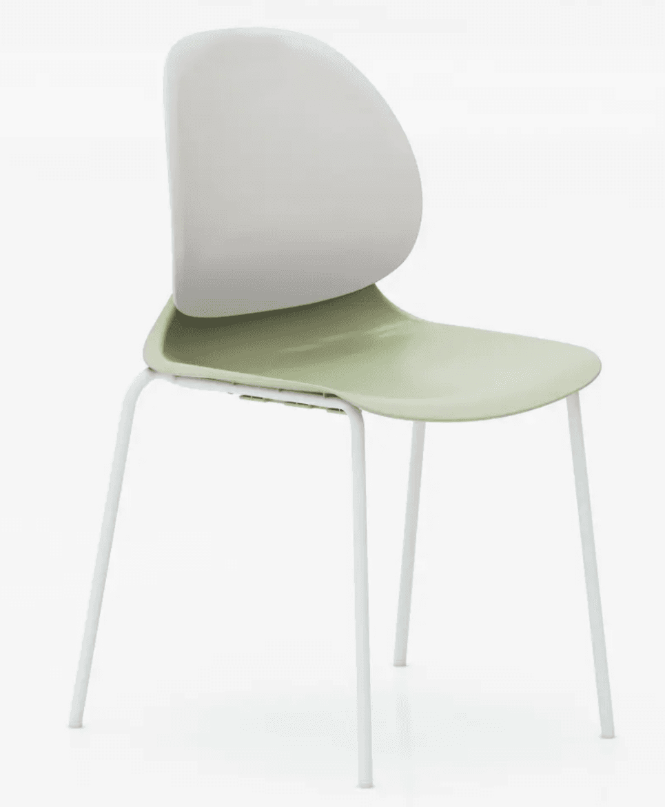 A modern dining chair with a molded seat and backrest. The seat is a light green color and the backrest is a contrasting off-white color. The chair has a slim, white metal frame with four legs. — 3D model