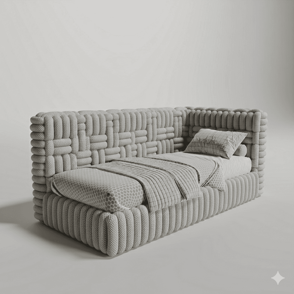A contemporary upholstered bed frame with a distinctive woven or braided texture covering the entire exterior. The headboard is integrated and features a more intricate basket-weave pattern, while the side and foot of the frame have a vertical ribbed texture. The bed is dressed with light-colored bedding, including a comforter and a pillow. The overall design suggests a modern, possibly minimalist or maximalist aesthetic depending on context, with an emphasis on tactile materials. — 3D model