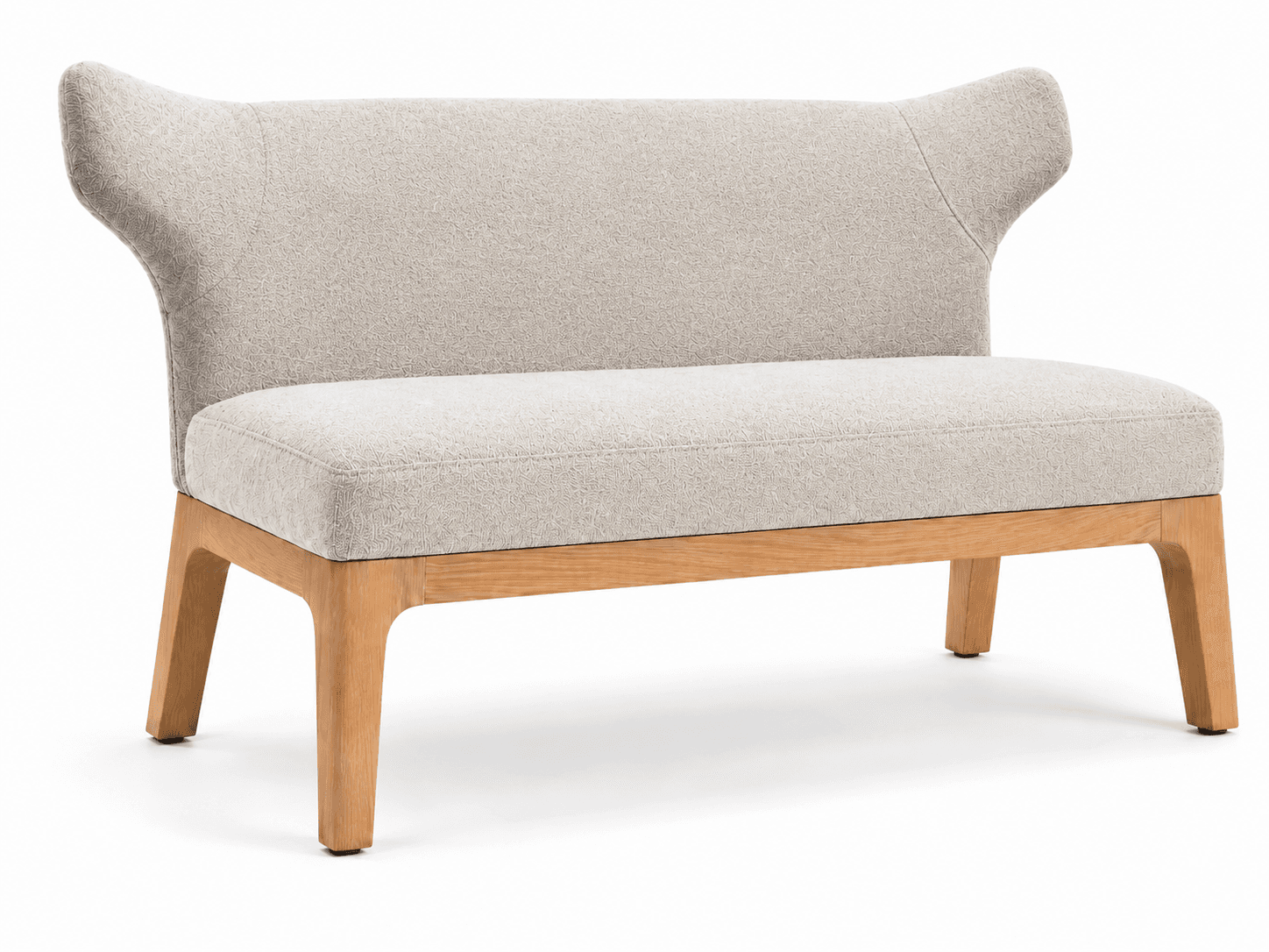 An upholstered two-seater settee with a light wood base and a subtly winged backrest, covered in a light beige textured fabric. — 3D model