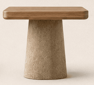 A small, modern side table characterized by a square wooden top with subtly rounded edges, supported by a robust, conical base crafted from a textured, light-colored concrete or stone material. — 3D model