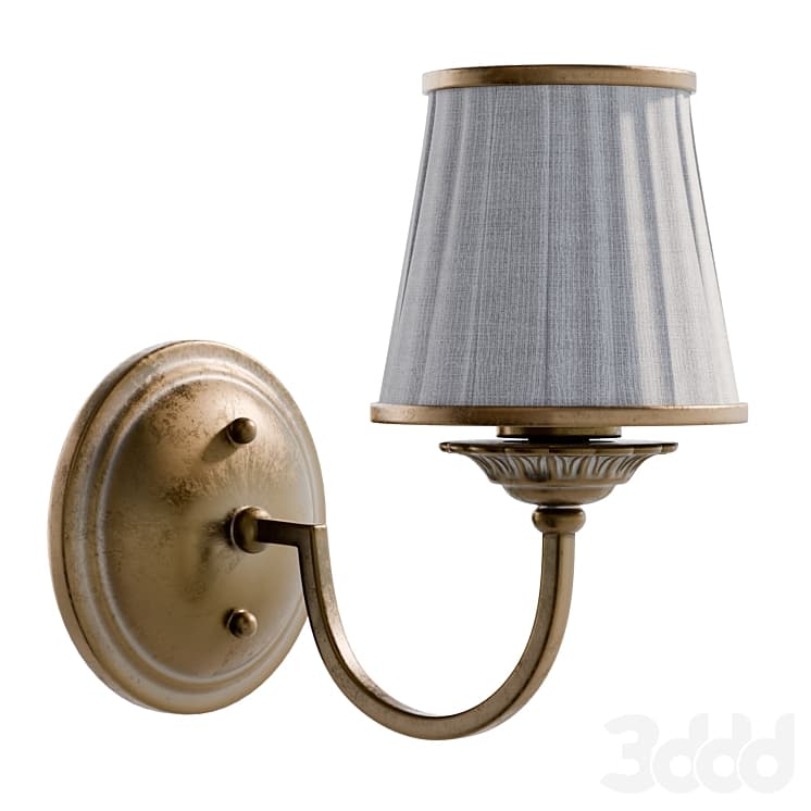 A classic wall sconce featuring a metal arm extending from a circular wall plate, supporting a fabric lampshade. The metal components appear to be made of brass with an aged or distressed finish. The lampshade is a tapered drum shape with vertical pleats and trim at the top and bottom edges. — 3D model