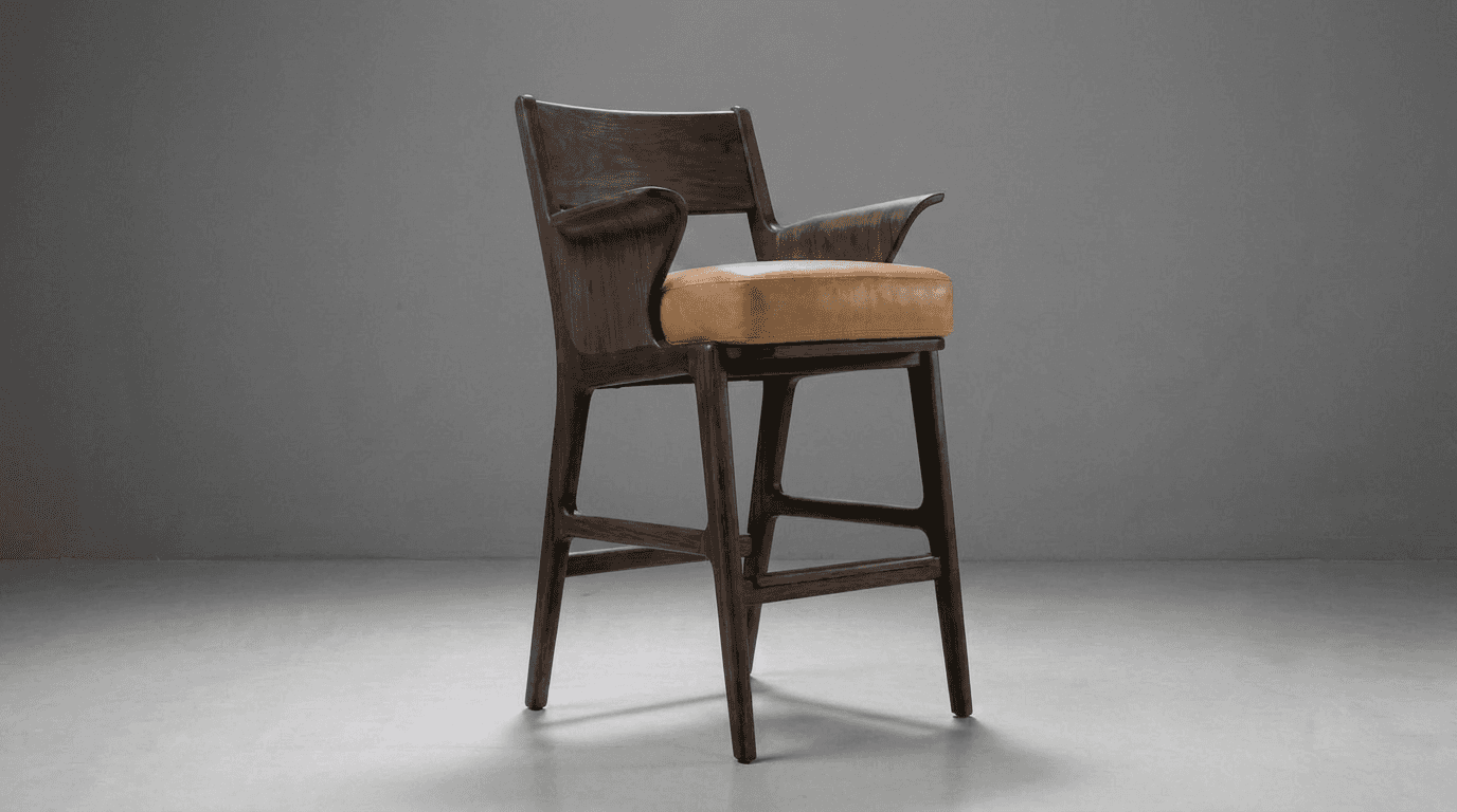 A tall, dark wooden bar stool with a tan leather upholstered seat and integrated, curved armrests, f… — 3D model