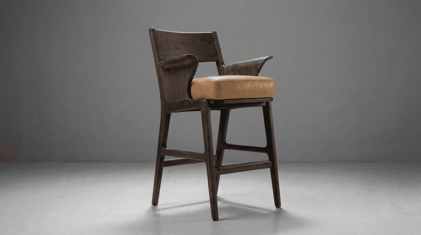 A tall, dark wooden bar stool with a tan leather upholstered seat and integrated, curved armrests, featuring a Mid-Century Modern aesthetic. — 3D model
