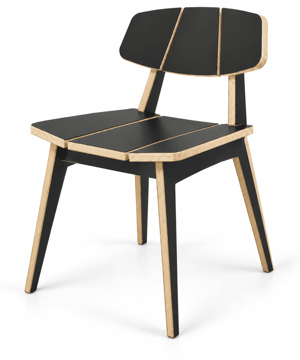 A contemporary dining chair constructed from plywood, featuring a black laminated finish on its surf… — 3D model