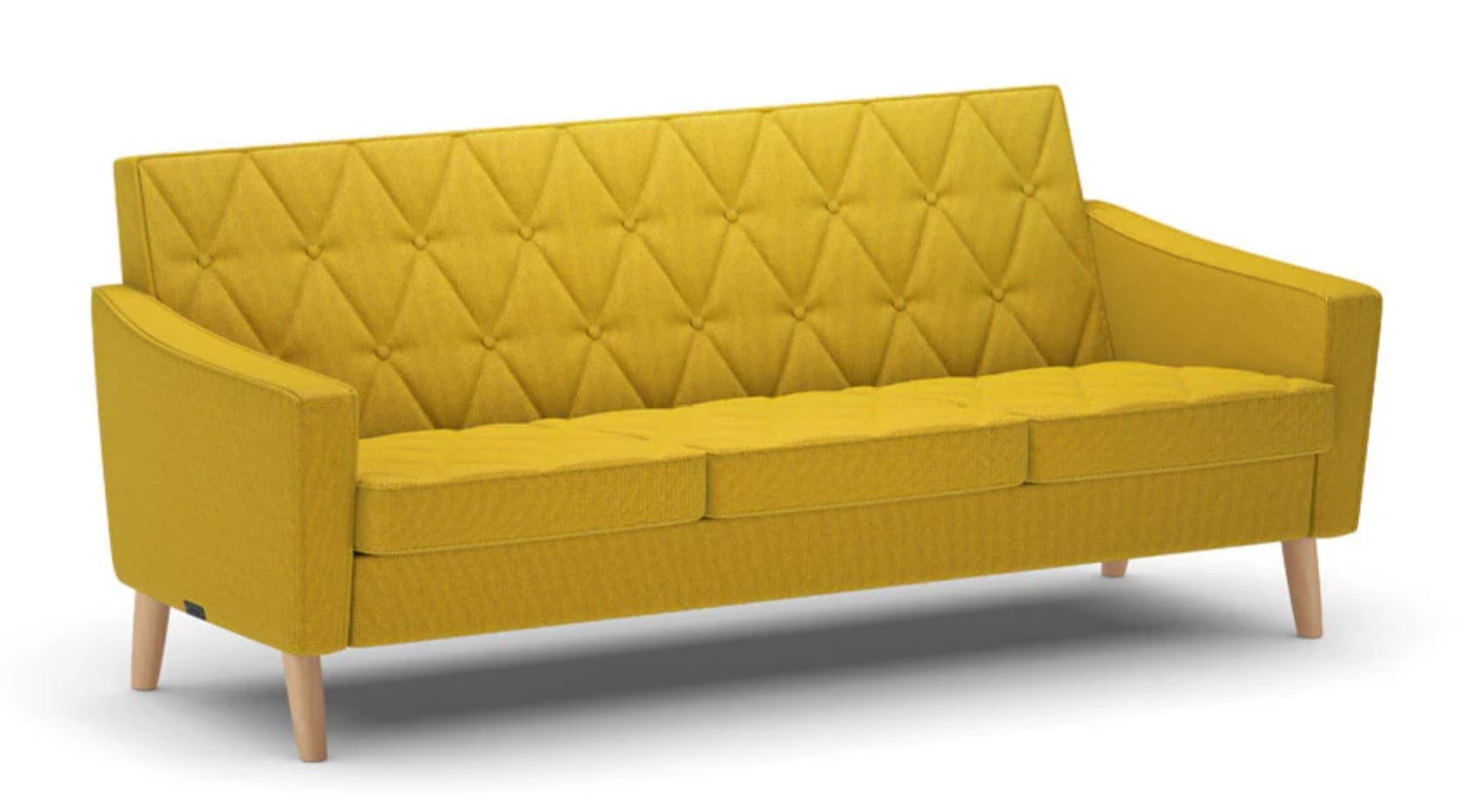 A three-seater sofa upholstered in yellow fabric. The backrest features a diamond-shaped tufted pattern with button accents, while the seat is divided into three cushions. The sofa has fixed armrests and is supported by four tapered wooden legs. — 3D model