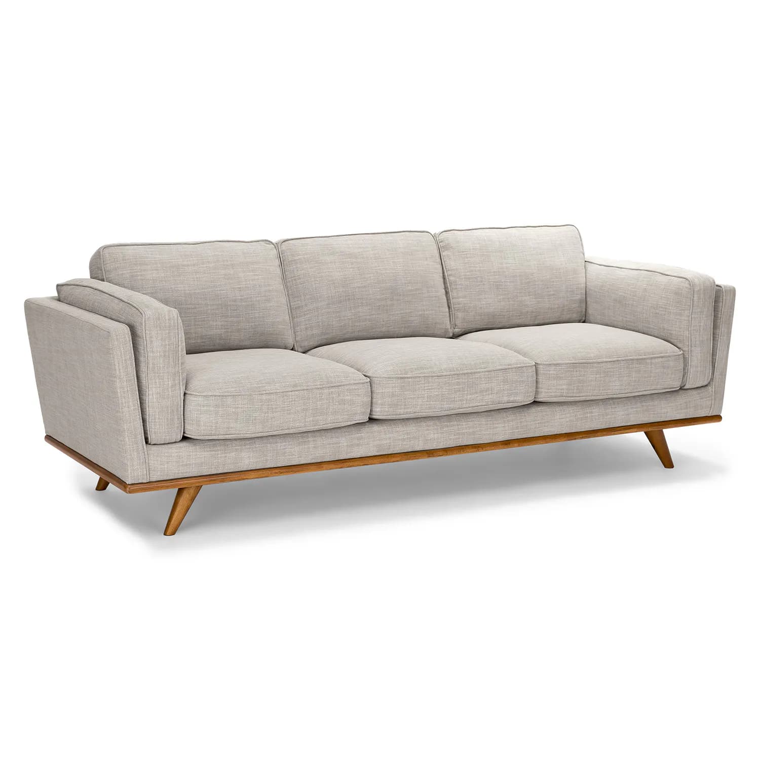 A light grey three-seater sofa featuring a distinctive exposed wooden frame and tapered legs, designed in a mid-century modern style. It has three removable seat and back cushions. — 3D model