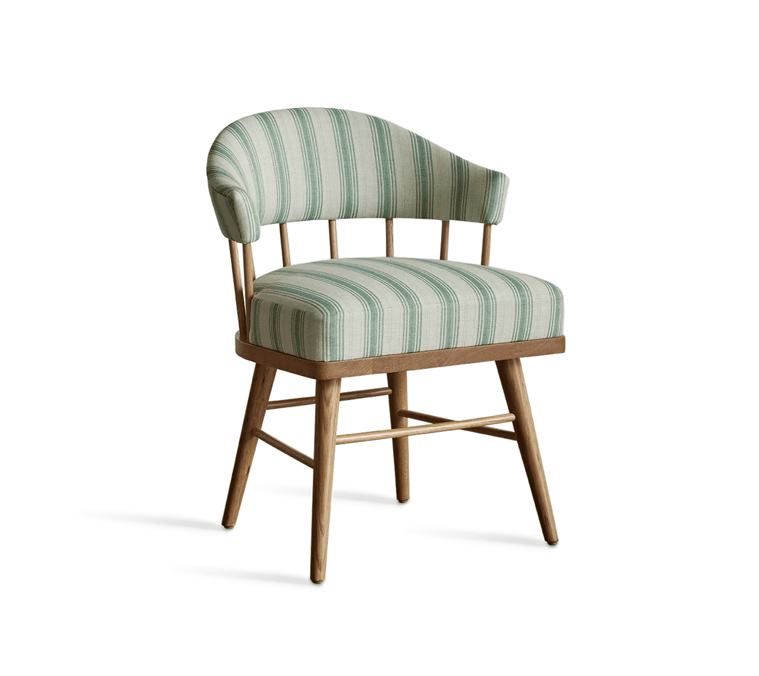 An armchair with a curved backrest and a padded seat, featuring a wooden frame and upholstery with vertical green and white stripes. — 3D model