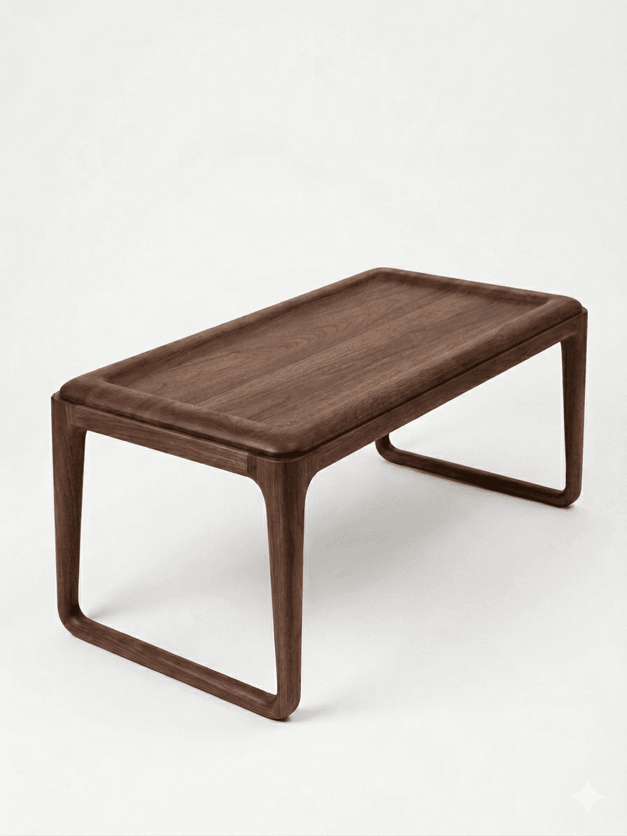 A modern, low-profile coffee table with a rectangular top and a subtle raised edge. The table features a continuous, curved leg design that forms a closed rectangular frame beneath the tabletop, with the legs tapering slightly towards the top. — 3D model