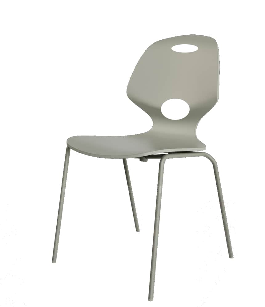 A modern, single-piece molded chair with a distinctively curved backrest featuring two oval cutouts.… — 3D model