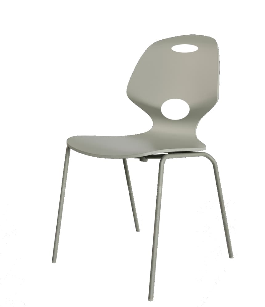 A modern, single-piece molded chair with a distinctively curved backrest featuring two oval cutouts. The seat and back are seamlessly integrated. The chair is supported by four slender, slightly angled metal legs. — 3D model