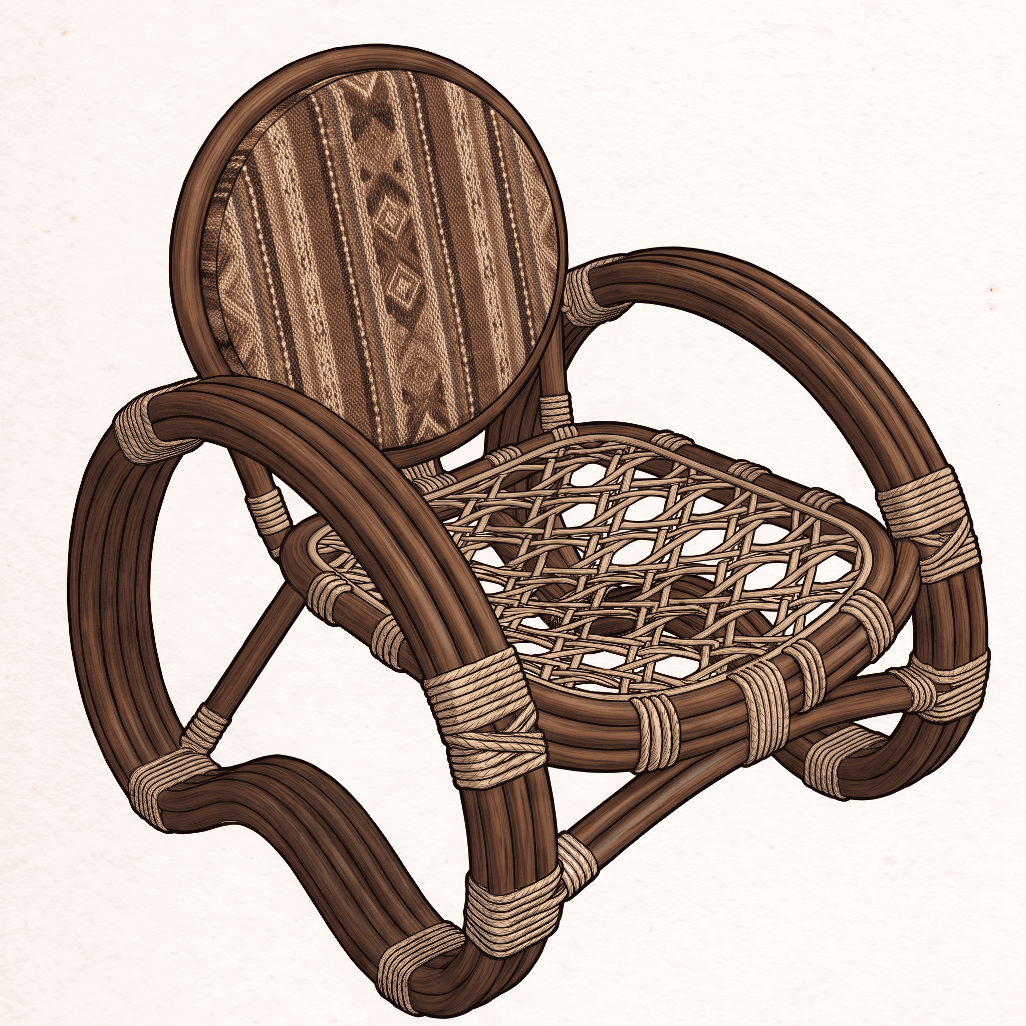 A small, lightweight chair constructed from curved rattan or wicker, featuring an intricately woven… — 3D model