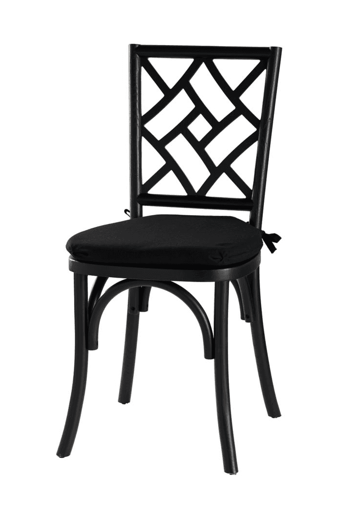 A black chair with a geometric lattice-patterned backrest and a black fabric seat cushion. The chair… — 3D model