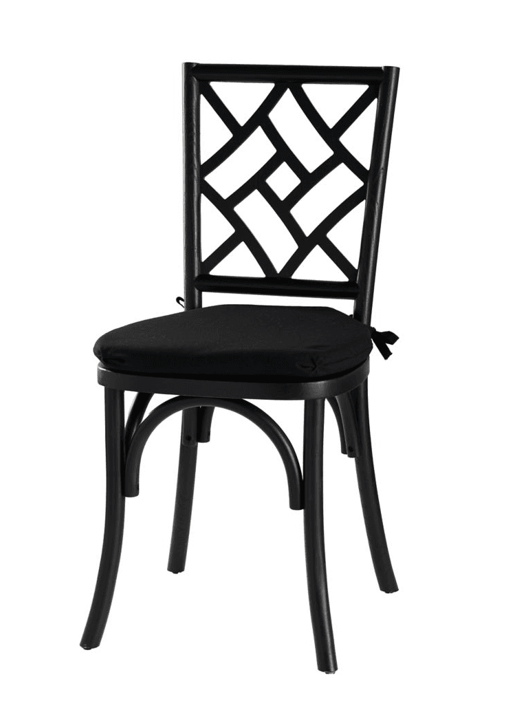 A black chair with a geometric lattice-patterned backrest and a black fabric seat cushion. The chair's legs are slightly curved and appear to be made of a single piece of material, possibly wood or metal, with a matte finish. The cushion is secured to the seat with a small, barely visible tie. — 3D model