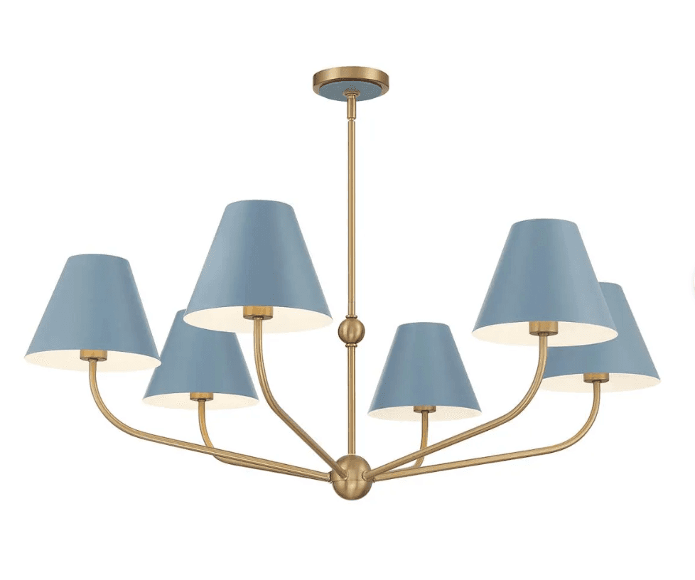A modern six-light chandelier featuring a satin brass-finished metal frame and six individual conica… — 3D model