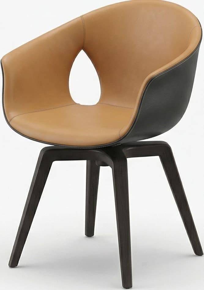 A contemporary armchair with a distinctive cutout in the backrest. The seat and back are upholstered in a tan material, possibly leather, and contrast with the dark outer shell. It is supported by a dark, angular four-legged base. — 3D model