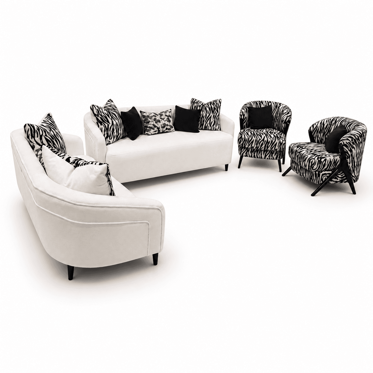 A modern furniture set comprising two cream-colored velvet sofas and two barrel-style accent chairs upholstered in a striking black and white zebra print fabric. The set includes coordinating throw pillows, some in zebra print, others in solid black or a gray abstract pattern. All pieces feature subtly tapered black legs. — 3D model