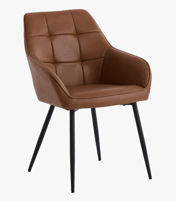 A contemporary dining chair featuring a fully upholstered seat and back in a warm caramel-colored faux leather. The backrest is adorned with a square tufting pattern, and the chair includes integrated armrests. It stands on four slender, splayed black powder-coated metal legs. — 3D model